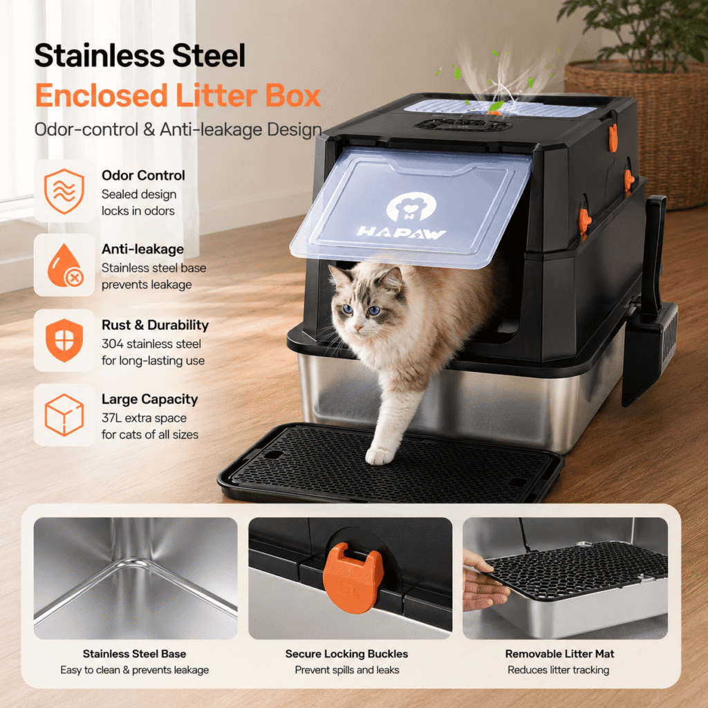 HAPAW Cat Water Fountain -Stainless steel enclosed litter boxes with odor-control and anti-leakage design