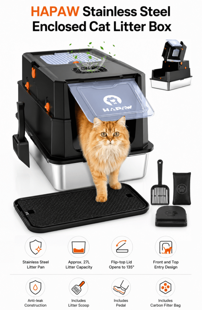 HAPAW Stainless Steel Enclosed Cat Litter Box