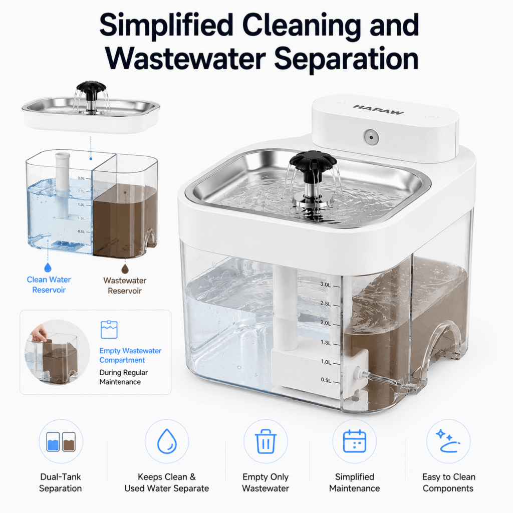 HAPAW Cat Water Fountain - Simplified Cleaning and Wastewater Separation