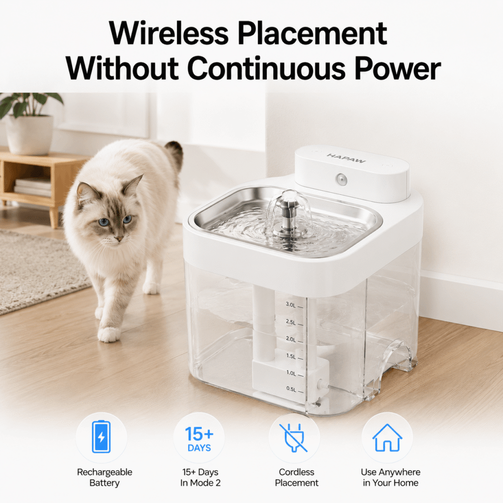 HAPAW Cat Water Fountain - Wireless Placement Without Continuous Power